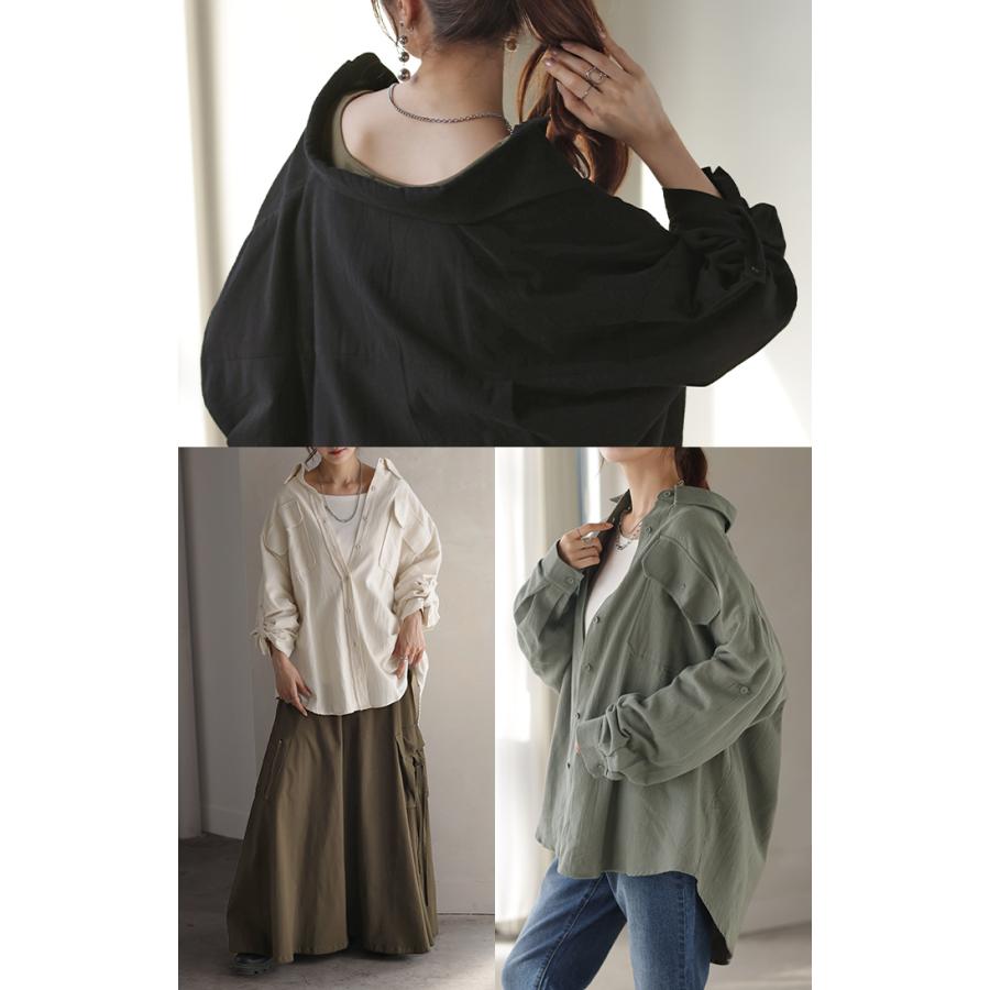 シャツ 微 起毛 綿100％ ロング レディース トップス ブラウス 羽織 レイヤード 裏起毛 重ね着 ドロップショルダー お尻が隠れる 無地 長袖 襟 | HUG.U | 13