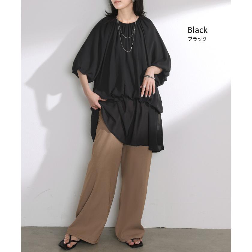 シャツ レディース ギャザー トップス バンドカラー ブラウス ノーカラー ロング ロングシャツ チュニック 半袖 無地 プルオーバー ボリュームスリーブ きれいめ | HUG.U | 14