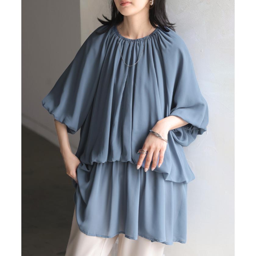 シャツ レディース ギャザー トップス バンドカラー ブラウス ノーカラー ロング ロングシャツ チュニック 半袖 無地 プルオーバー ボリュームスリーブ きれいめ | HUG.U | 08