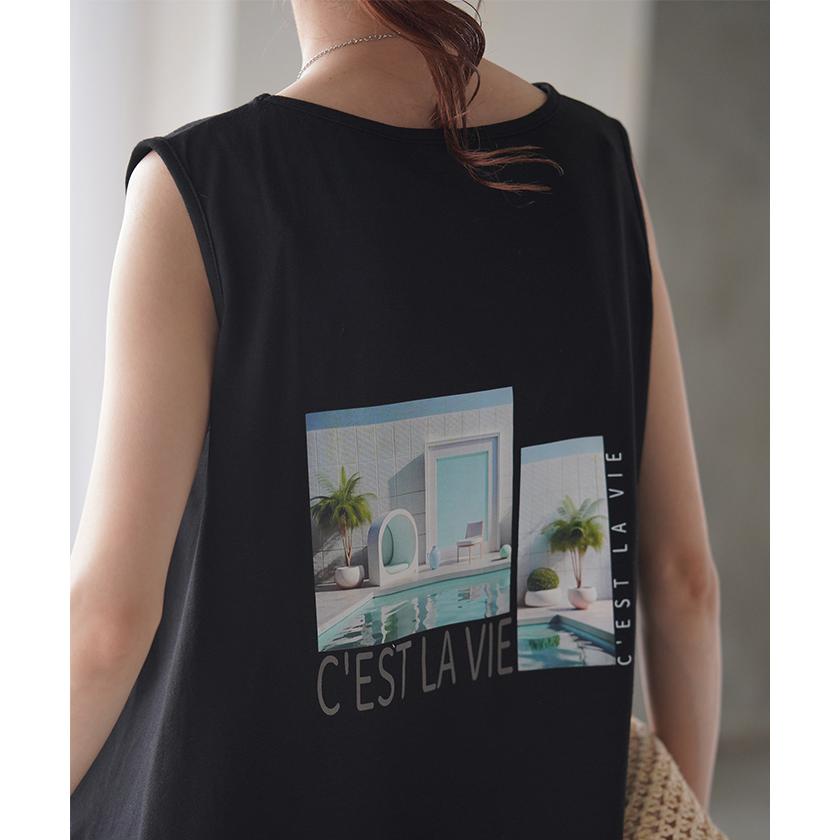 タンクトップ ロゴ プリント レディース チュニック フォト タンク トップス ノースリーブ 薄手 Uネック フォトプリント レイヤード インナー | HUG.U | 12