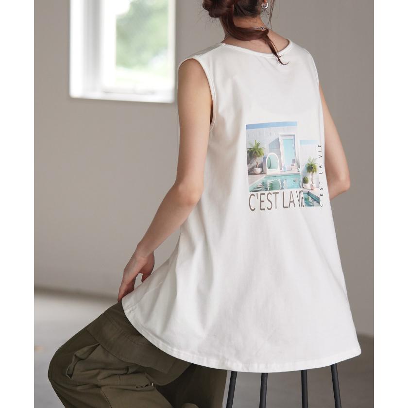 タンクトップ ロゴ プリント レディース チュニック フォト タンク トップス ノースリーブ 薄手 Uネック フォトプリント レイヤード インナー | HUG.U | 20