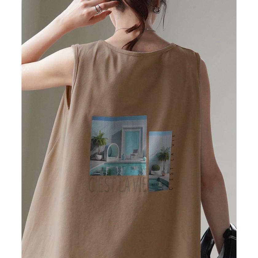 タンクトップ ロゴ プリント レディース チュニック フォト タンク トップス ノースリーブ 薄手 Uネック フォトプリント レイヤード インナー | HUG.U | 21