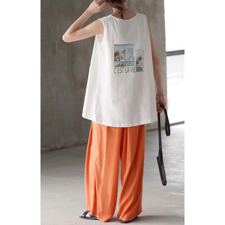 タンクトップ ロゴ プリント レディース チュニック フォト タンク トップス ノースリーブ 薄手 Uネック フォトプリント レイヤード インナー | HUG.U | 11