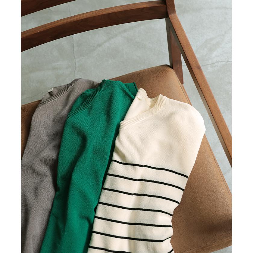 サマーニット Vネック 接触冷感 レディース 二の腕カバー Tシャツ 無地 ボーダー 半袖 七分袖 ジャスト丈 | HUG.U | 20