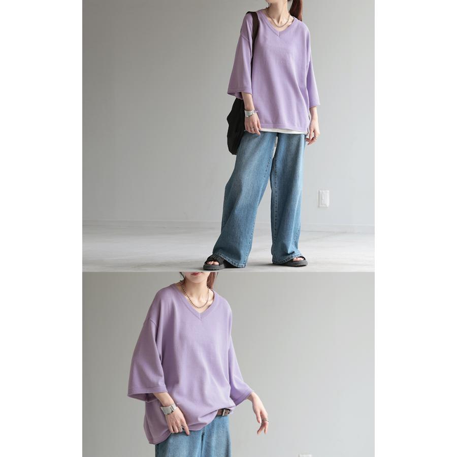 サマーニット Vネック 接触冷感 レディース 二の腕カバー Tシャツ 無地 ボーダー 半袖 七分袖 ジャスト丈 | HUG.U | 22