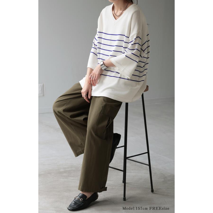 サマーニット Vネック 接触冷感 レディース 二の腕カバー Tシャツ 無地 ボーダー 半袖 七分袖 ジャスト丈 | HUG.U | 10