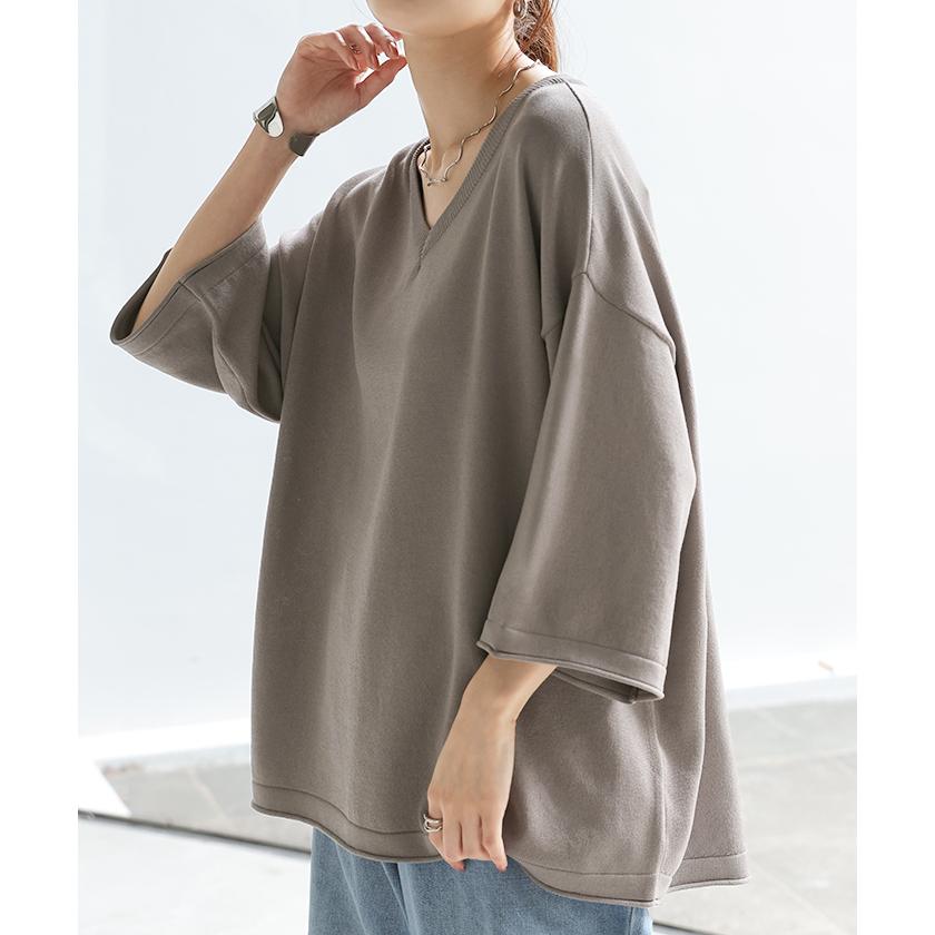 サマーニット Vネック 接触冷感 レディース 二の腕カバー Tシャツ 無地 ボーダー 半袖 七分袖 ジャスト丈 | HUG.U | 12