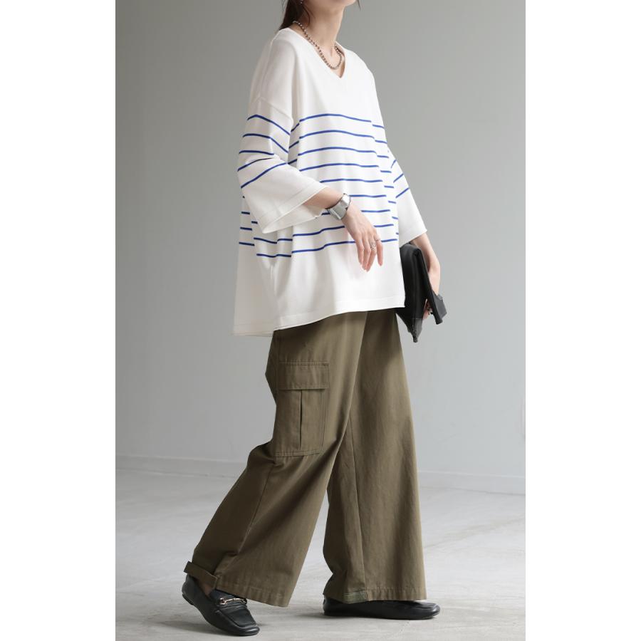 サマーニット Vネック 接触冷感 レディース 二の腕カバー Tシャツ 無地 ボーダー 半袖 七分袖 ジャスト丈 | HUG.U | 16