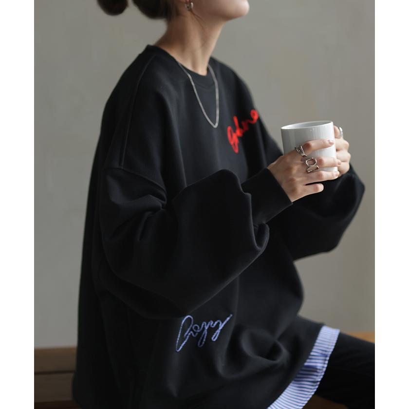 ロゴ 刺繍 スウェット レディース カジュアル レーナー トップス 体型カバー チュニック 大きいサイズ 無地 | HUG.U | 09