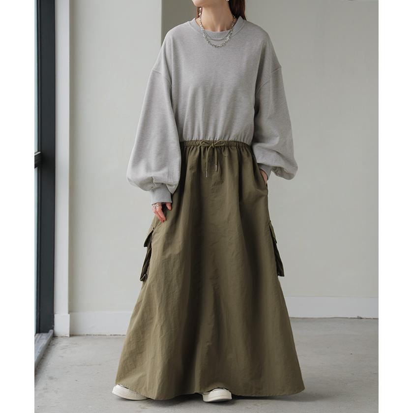 ワンピース 異素材 ドッキング スウェット ワンピ レディース ロング ロングワンピース カーゴスカート | HUG.U | 06