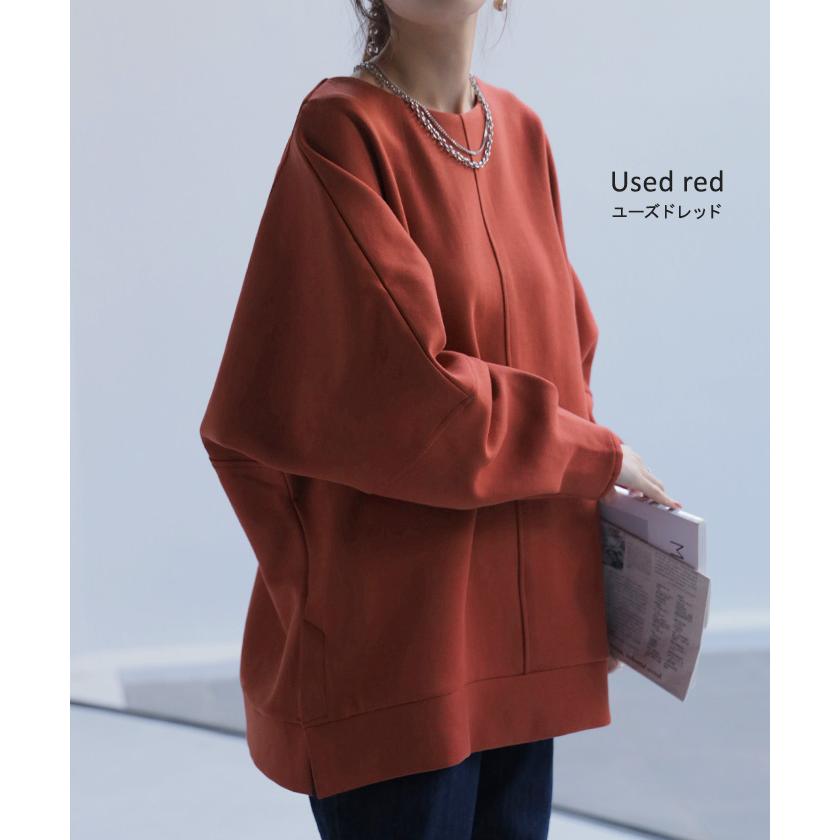 トップス ダンボール ニット ドルマン レディース 長袖 無地 ロング シワになりにくい チュニック スウェット 二の腕カバー 毛玉になりにくい クルーネック | HUG.U | 18