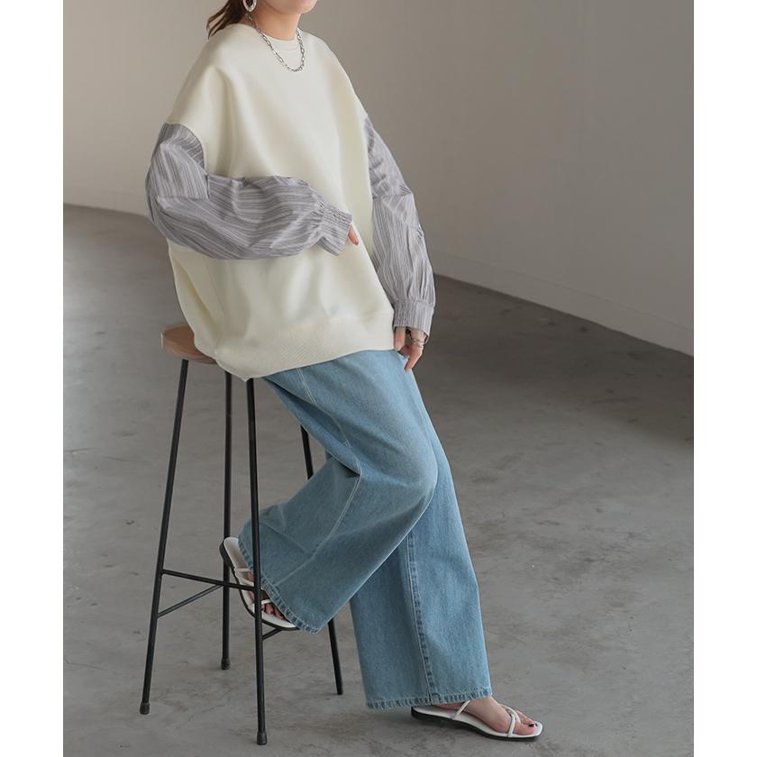 スウェット ドッキング トップス ストライプ シャツ レディース ロング トレーナー チュニック オーバー プルオーバー | HUG.U | 18