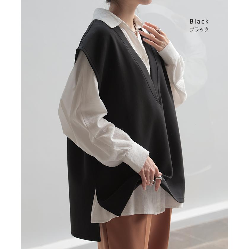 ベスト ニット レディース チュニック レイヤー レイヤード トップス セーター ロング 深vネック 重ね着 | HUG.U | 16