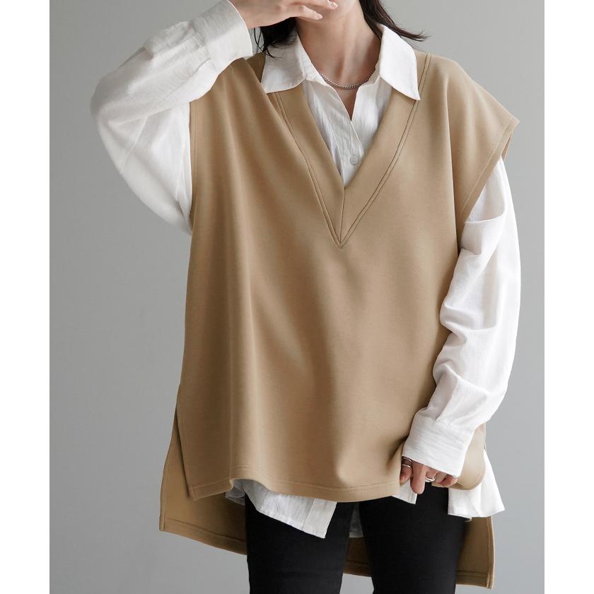 ベスト ニット レディース チュニック レイヤー レイヤード トップス セーター ロング 深vネック 重ね着 | HUG.U | 09