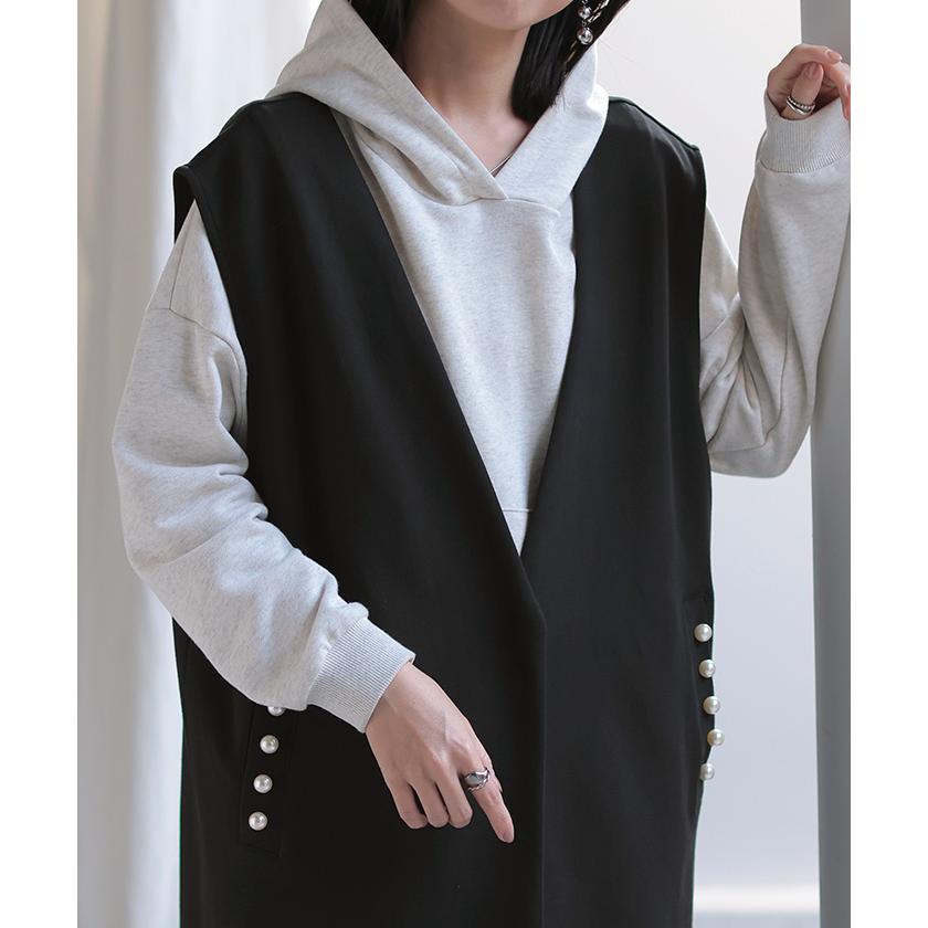 ベスト ジレ パール ロングベスト レディース トップス アウター ノーカラ― Vネック ロング ロングジレ ノースリーブ 羽織 薄手 レイヤード 体型カバー | HUG.U | 14