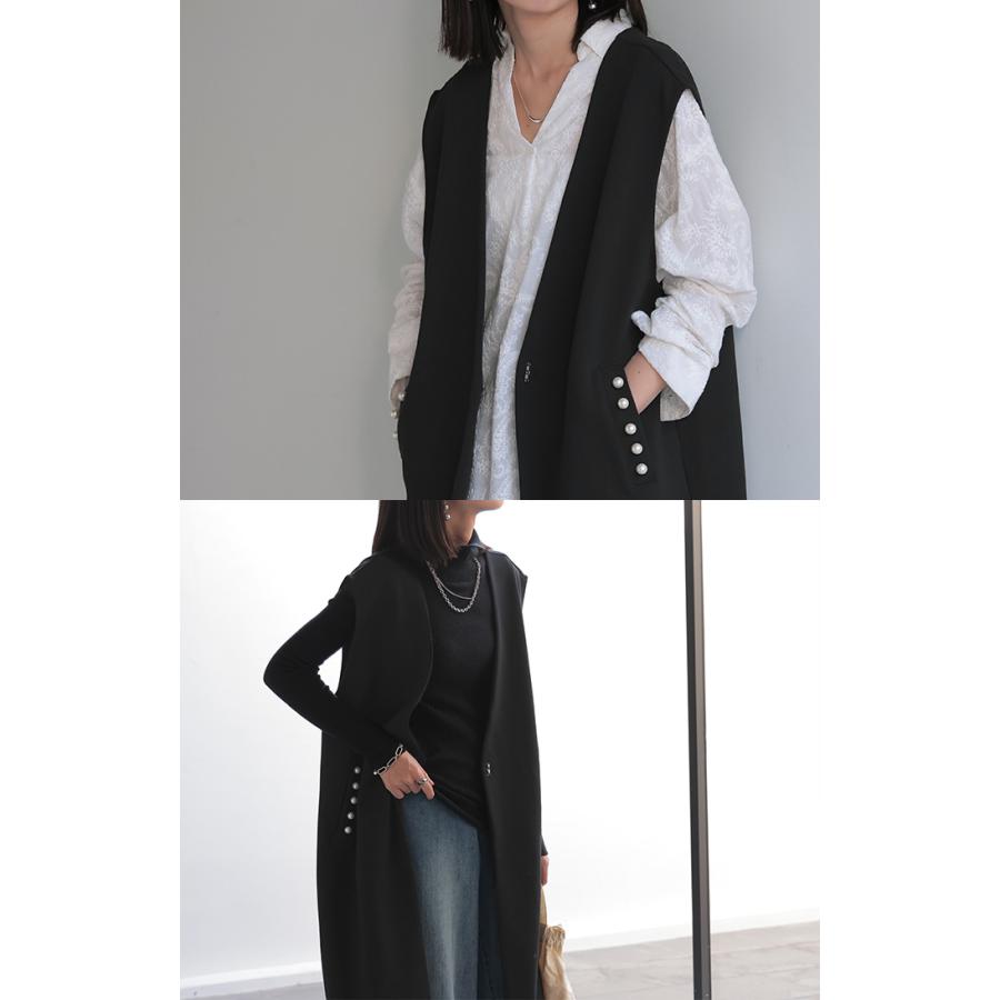 ベスト ジレ パール ロングベスト レディース トップス アウター ノーカラ― Vネック ロング ロングジレ ノースリーブ 羽織 薄手 レイヤード 体型カバー | HUG.U | 15