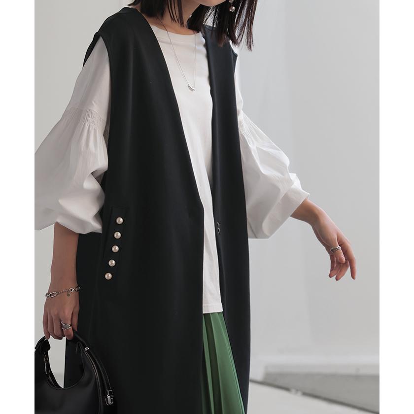 ベスト ジレ パール ロングベスト レディース トップス アウター ノーカラ― Vネック ロング ロングジレ ノースリーブ 羽織 薄手 レイヤード 体型カバー | HUG.U | 03