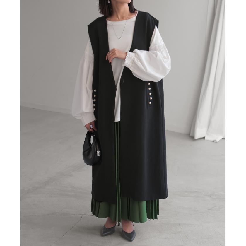 ベスト ジレ パール ロングベスト レディース トップス アウター ノーカラ― Vネック ロング ロングジレ ノースリーブ 羽織 薄手 レイヤード 体型カバー | HUG.U | 05
