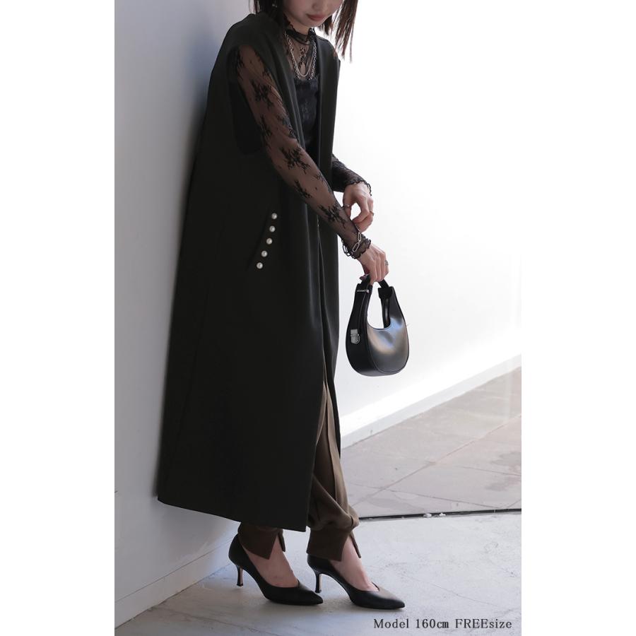ベスト ジレ パール ロングベスト レディース トップス アウター ノーカラ― Vネック ロング ロングジレ ノースリーブ 羽織 薄手 レイヤード 体型カバー | HUG.U | 07