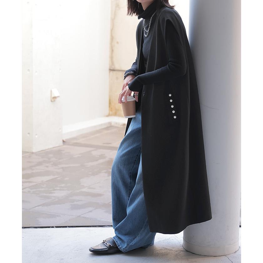 ベスト ジレ パール ロングベスト レディース トップス アウター ノーカラ― Vネック ロング ロングジレ ノースリーブ 羽織 薄手 レイヤード 体型カバー | HUG.U | 09