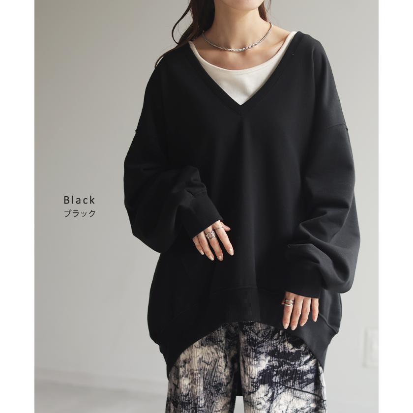 トップス 深V スウェット 体型カバー レディース トレーナー レイヤード チュニック 大きいサイズ Vネック ドロップショルダー スエット | HUG.U | 21