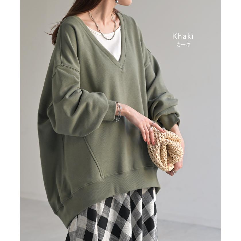 トップス 深V スウェット 体型カバー レディース トレーナー レイヤード チュニック 大きいサイズ Vネック ドロップショルダー スエット | HUG.U | 22
