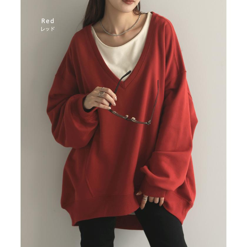 トップス 深V スウェット 体型カバー レディース トレーナー レイヤード チュニック 大きいサイズ Vネック ドロップショルダー スエット | HUG.U | 23