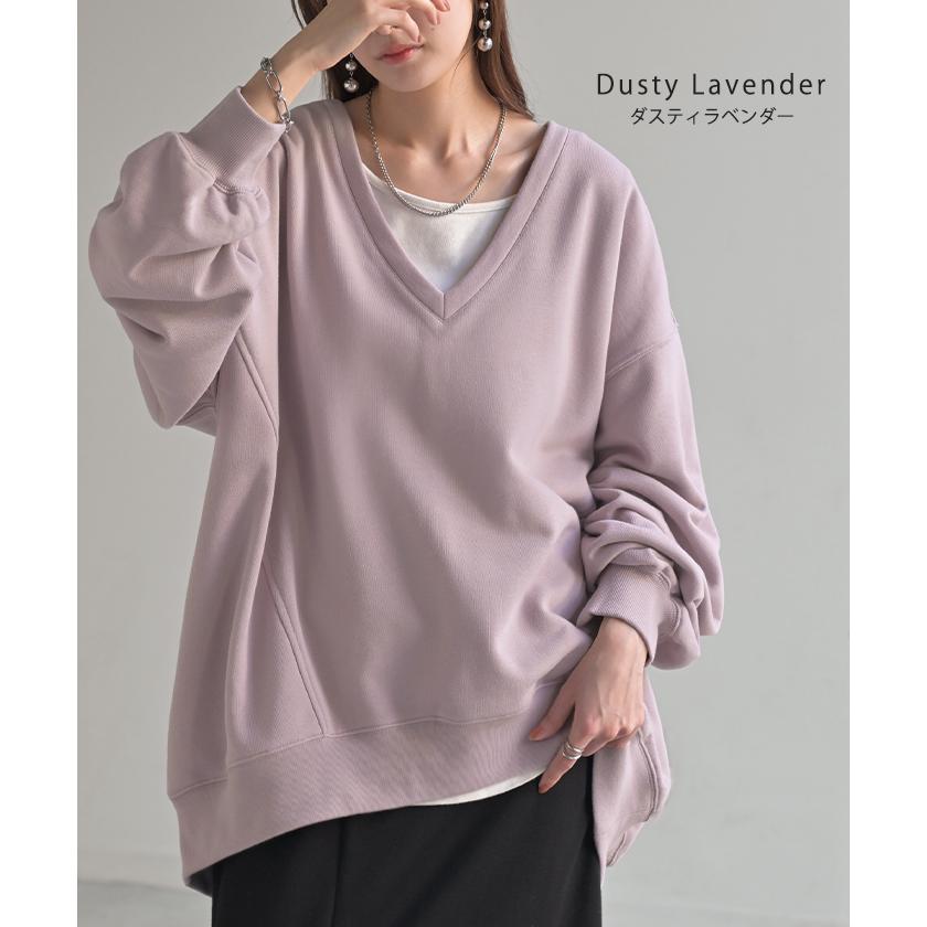 トップス 深V スウェット 体型カバー レディース トレーナー レイヤード チュニック 大きいサイズ Vネック ドロップショルダー スエット | HUG.U | 26