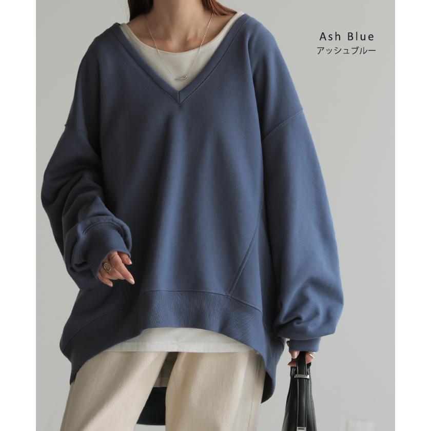 トップス 深V スウェット 体型カバー レディース トレーナー レイヤード チュニック 大きいサイズ Vネック ドロップショルダー スエット | HUG.U | 27