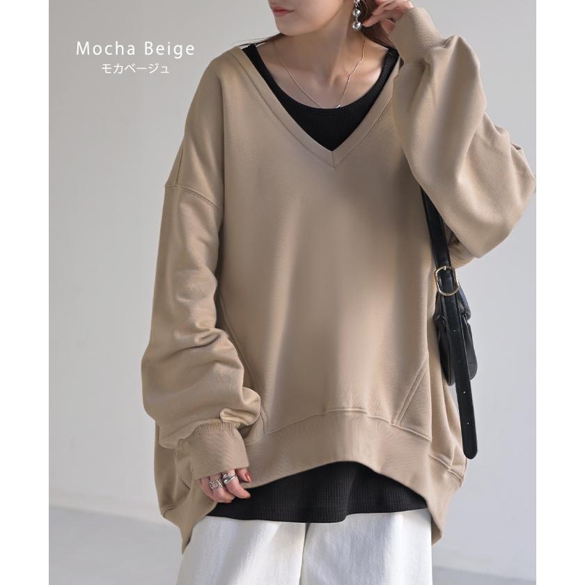 トップス 深V スウェット 体型カバー レディース トレーナー レイヤード チュニック 大きいサイズ Vネック ドロップショルダー スエット | HUG.U | 29