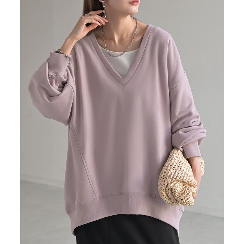 トップス 深V スウェット 体型カバー レディース トレーナー レイヤード チュニック 大きいサイズ Vネック ドロップショルダー スエット | HUG.U | 14