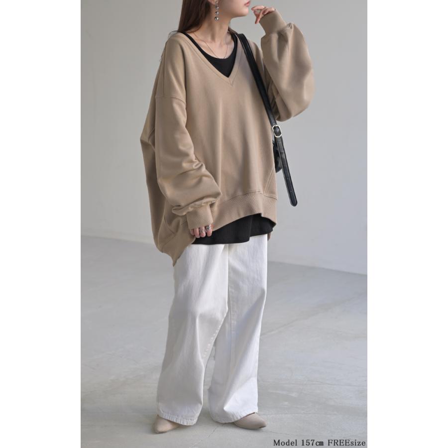 トップス 深V スウェット 体型カバー レディース トレーナー レイヤード チュニック 大きいサイズ Vネック ドロップショルダー スエット | HUG.U | 15