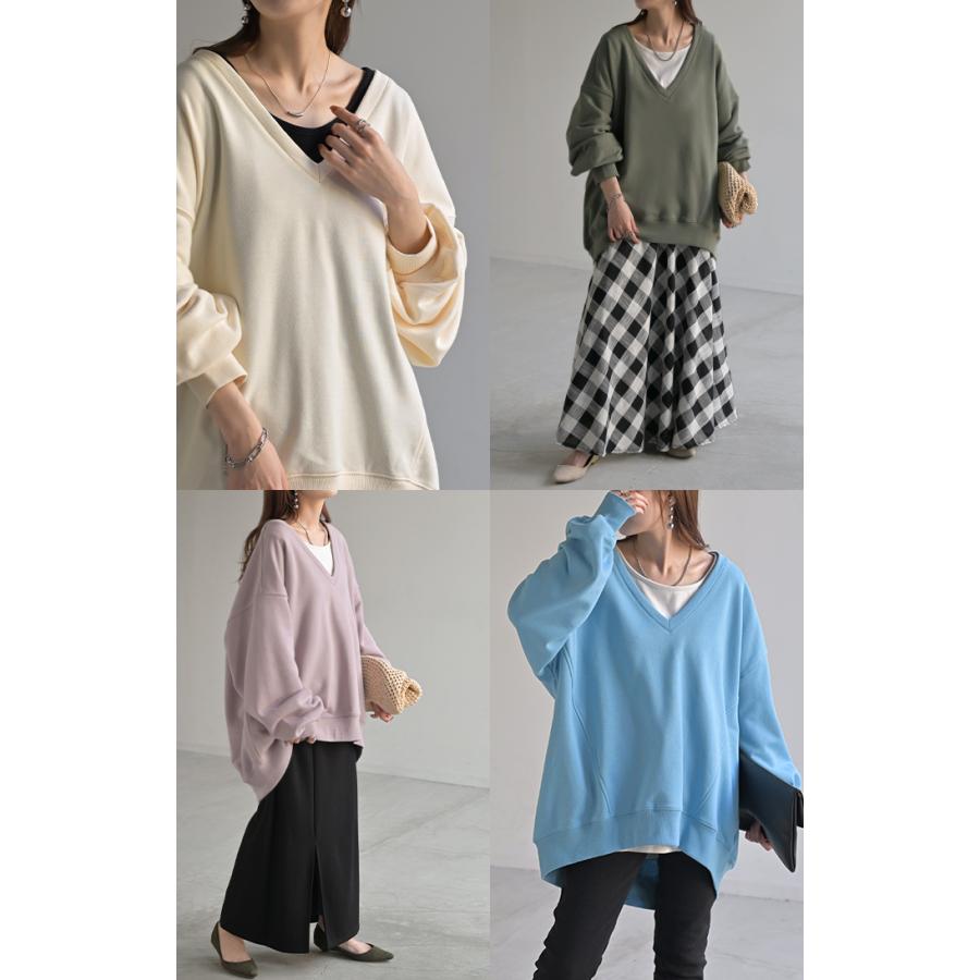 トップス 深V スウェット 体型カバー レディース トレーナー レイヤード チュニック 大きいサイズ Vネック ドロップショルダー スエット | HUG.U | 19