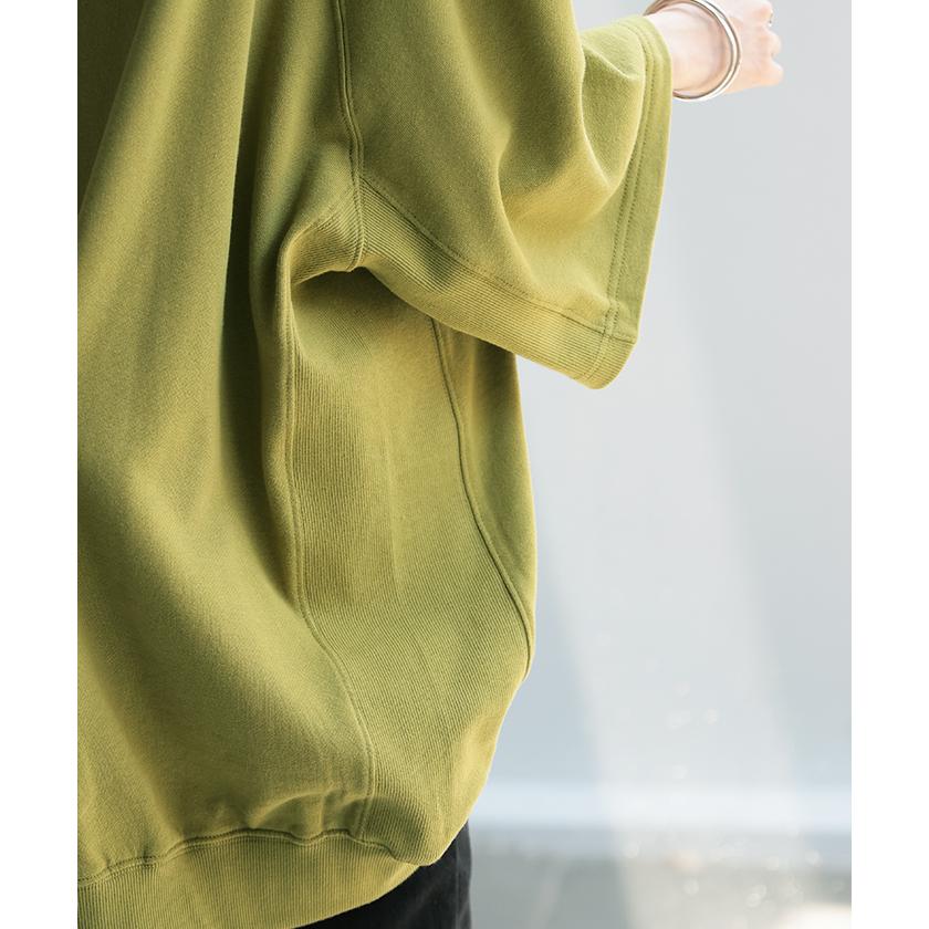 パーカー 綿100％ 半袖 レディース トップス Tシャツ 無地 ロング 体型カバー 裏パイル 裏毛 コットン オーバーサイズ 七分袖 プルオーバー | HUG.U | 18