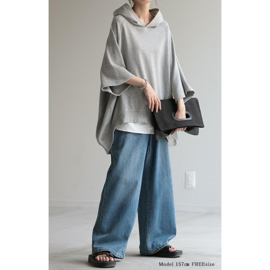 パーカー 綿100％ 半袖 レディース トップス Tシャツ 無地 ロング 体型カバー 裏パイル 裏毛 コットン オーバーサイズ 七分袖 プルオーバー | HUG.U | 24