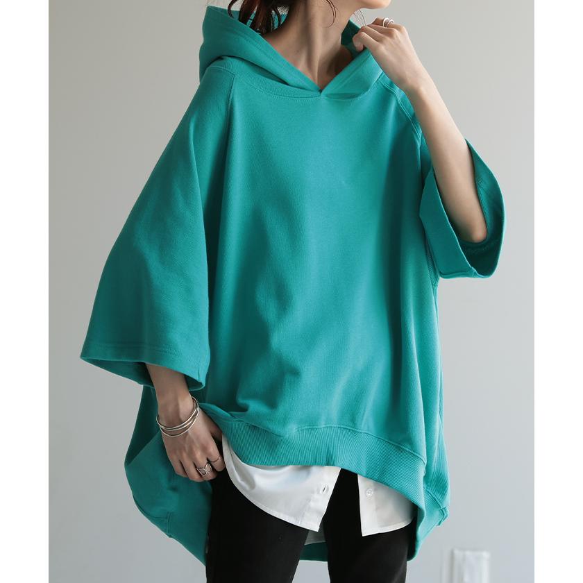 パーカー 綿100％ 半袖 レディース トップス Tシャツ 無地 ロング 体型カバー 裏パイル 裏毛 コットン オーバーサイズ 七分袖 プルオーバー | HUG.U | 10