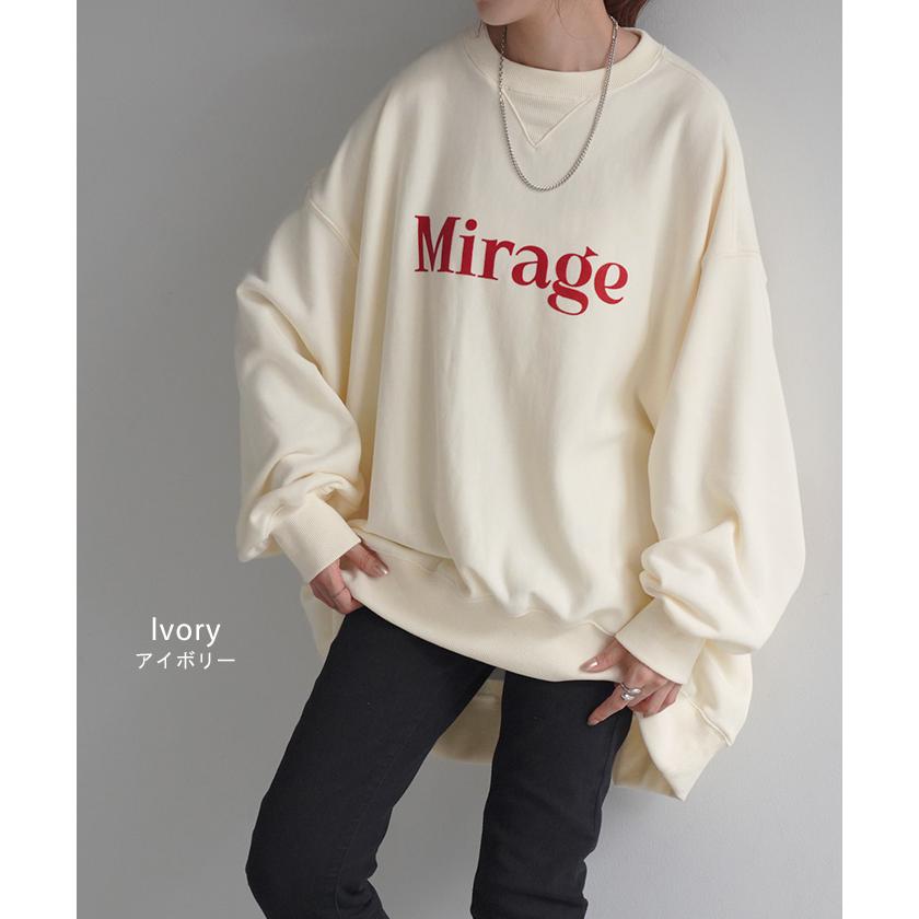 スウェット ロゴ ロング レディース トップス 長袖 Uネック ボリュームスリーブ お尻が隠れる ドルマン チュニック ストレッチ ドロップショルダー | HUG.U | 16