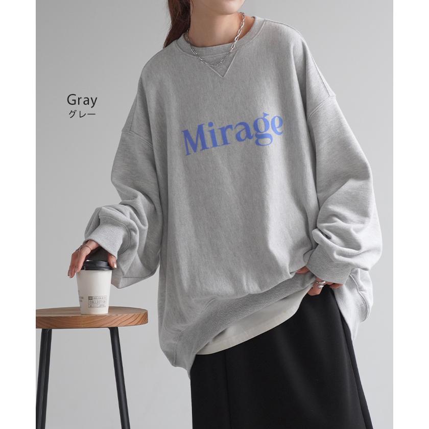 スウェット ロゴ ロング レディース トップス 長袖 Uネック ボリュームスリーブ お尻が隠れる ドルマン チュニック ストレッチ ドロップショルダー | HUG.U | 18