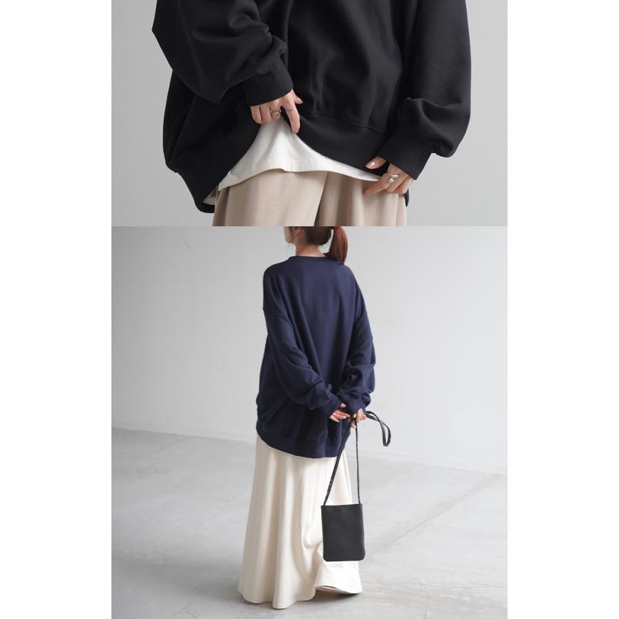 スウェット ロゴ ロング レディース トップス 長袖 Uネック ボリュームスリーブ お尻が隠れる ドルマン チュニック ストレッチ ドロップショルダー | HUG.U | 11