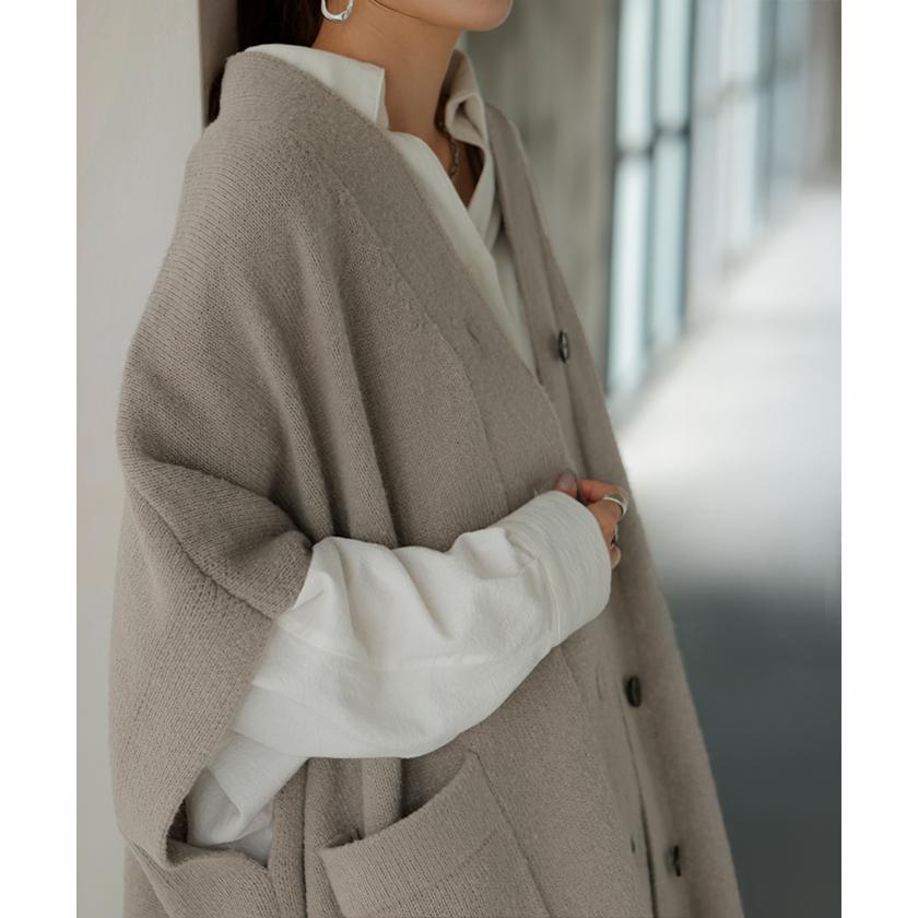 カーディガン ポンチョ ロング レディース トップス アウター ニット ケープ Vネック レイヤード 重ね着 ロングカーディガン カーデ 半袖 お尻が隠れる | HUG.U | 22