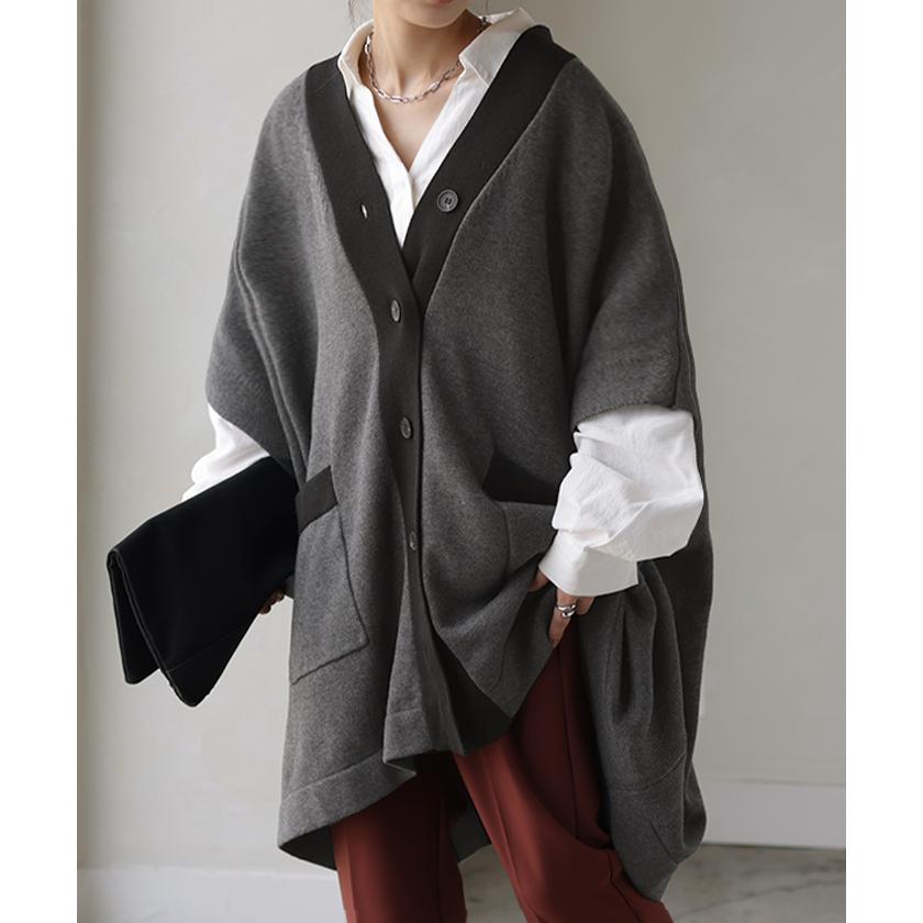 カーディガン ポンチョ ロング レディース トップス アウター ニット ケープ Vネック レイヤード 重ね着 ロングカーディガン カーデ 半袖 お尻が隠れる | HUG.U | 10