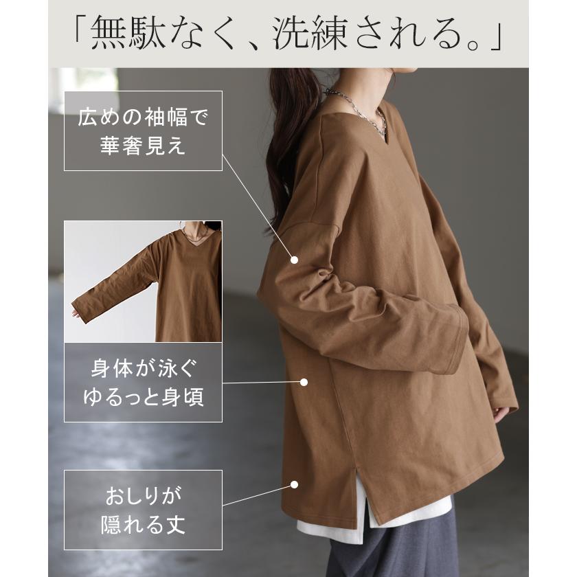 カットソー レディース ロンT 選べる Uネック Vネック 綿100% レディース トップス ティーシャツ 無地 長袖 Tシャツ | HUG.U | 25