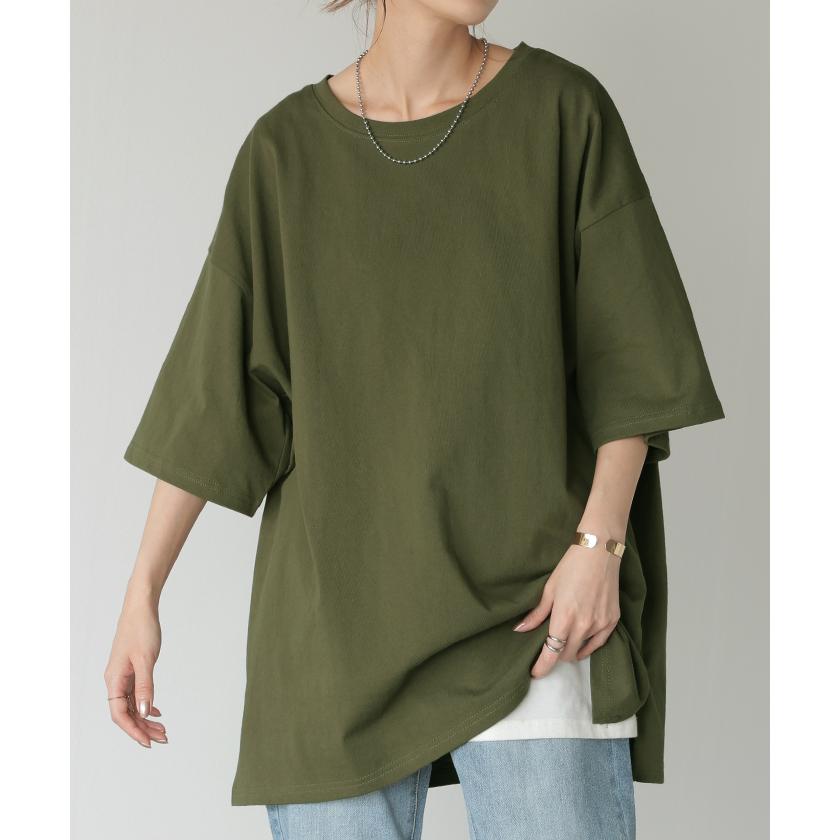 Tシャツ 綿100％ ロング レディース カットソー ティーシャツ チュニック 半袖 トップス 長い Uネック 二の腕カバー ルーズ お尻が隠れる | HUG.U | 11