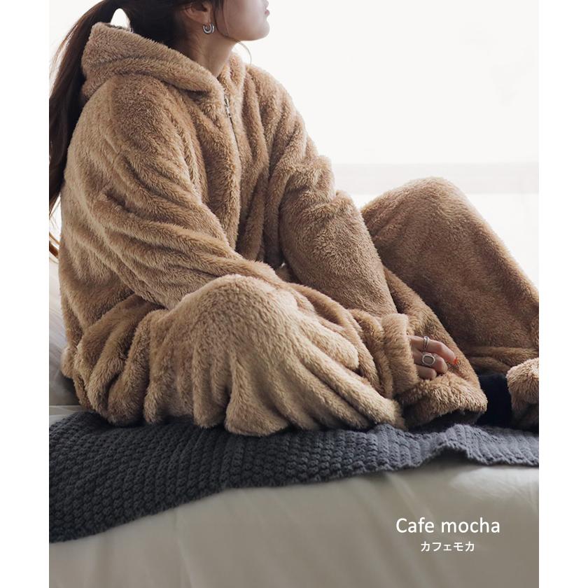 ルームウェア パジャマ 着る毛布 レディース オールインワン ロング ロゴ つなぎ 刺繍 洗濯機可 無地 長袖 リブ 部屋着 防寒 モコモコ ナイトウェア | HUG.U | 17