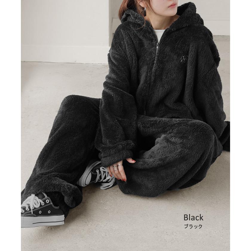 ルームウェア パジャマ 着る毛布 レディース オールインワン ロング ロゴ つなぎ 刺繍 洗濯機可 無地 長袖 リブ 部屋着 防寒 モコモコ ナイトウェア | HUG.U | 19