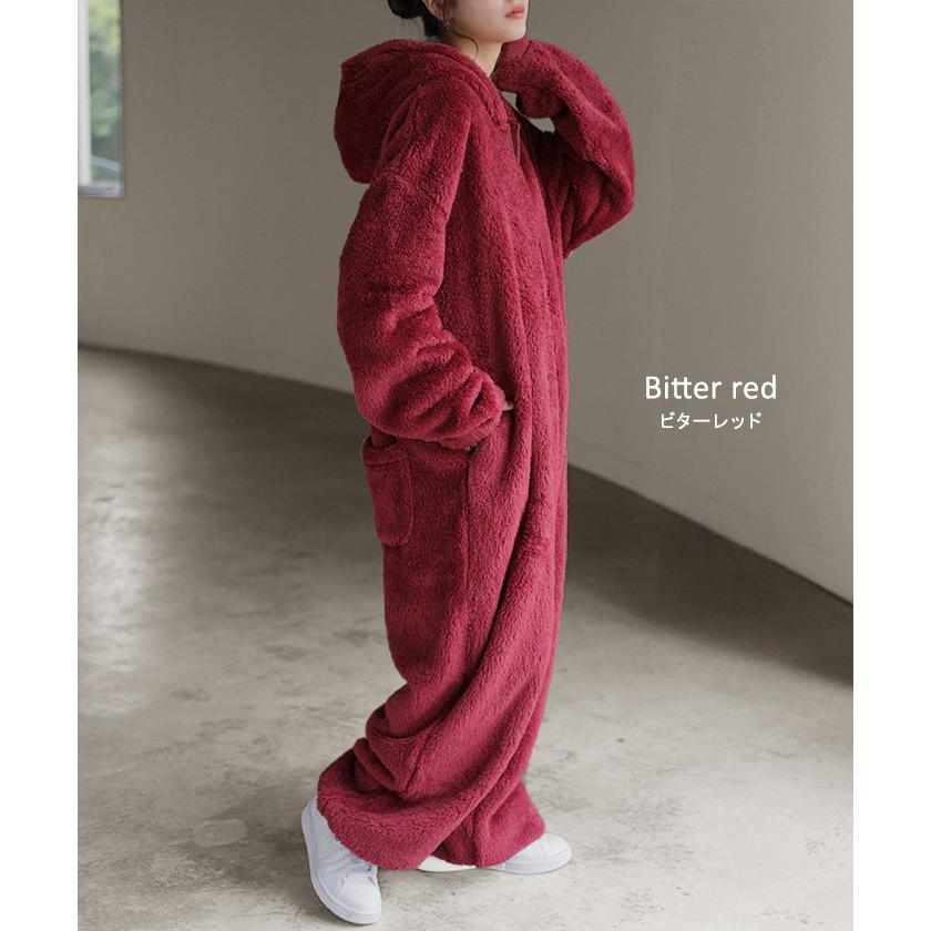 ルームウェア パジャマ 着る毛布 レディース オールインワン ロング ロゴ つなぎ 刺繍 洗濯機可 無地 長袖 リブ 部屋着 防寒 モコモコ ナイトウェア | HUG.U | 22