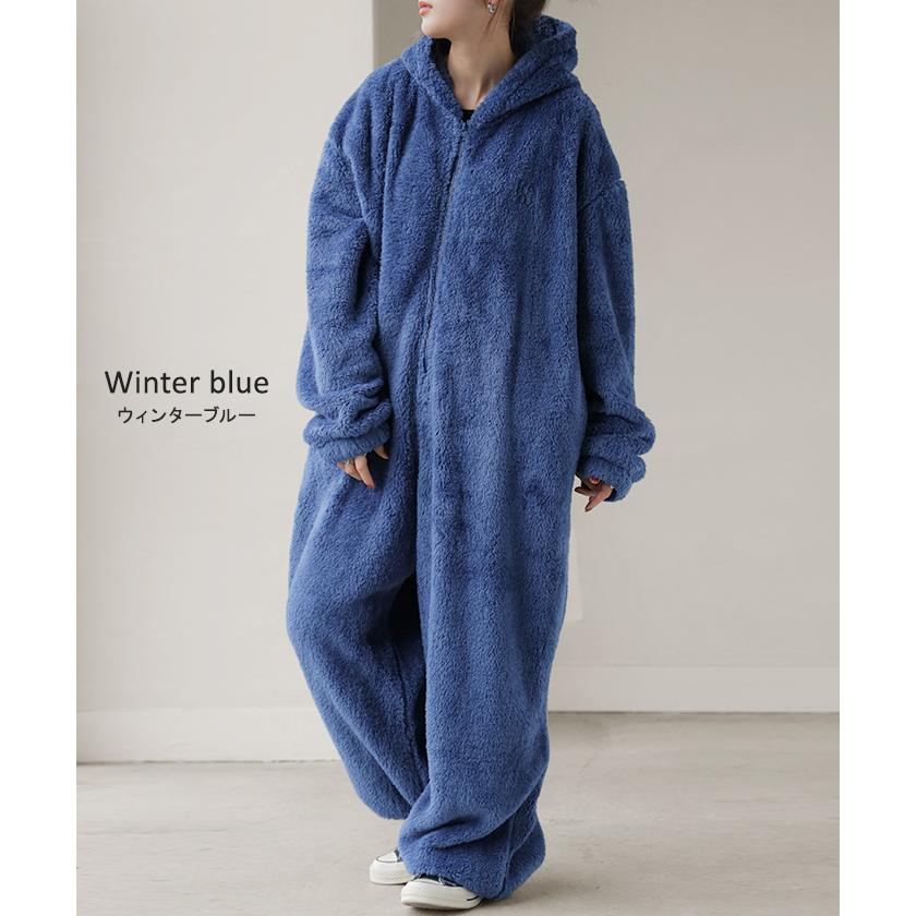 ルームウェア パジャマ 着る毛布 レディース オールインワン ロング ロゴ つなぎ 刺繍 洗濯機可 無地 長袖 リブ 部屋着 防寒 モコモコ ナイトウェア | HUG.U | 24