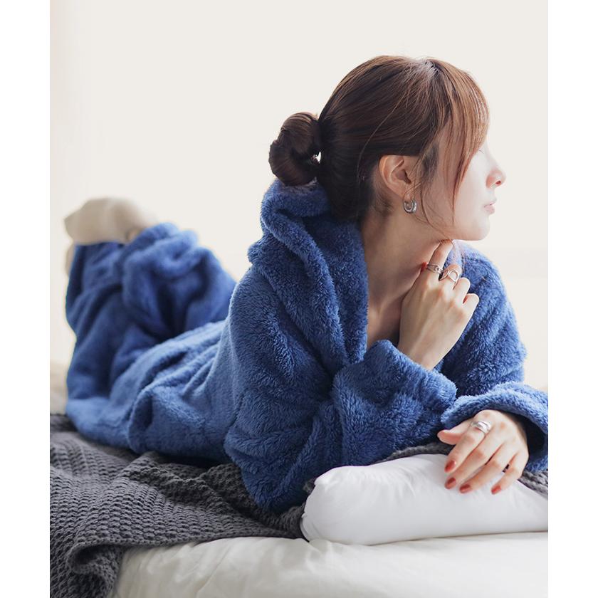 ルームウェア パジャマ 着る毛布 レディース オールインワン ロング ロゴ つなぎ 刺繍 洗濯機可 無地 長袖 リブ 部屋着 防寒 モコモコ ナイトウェア | HUG.U | 10