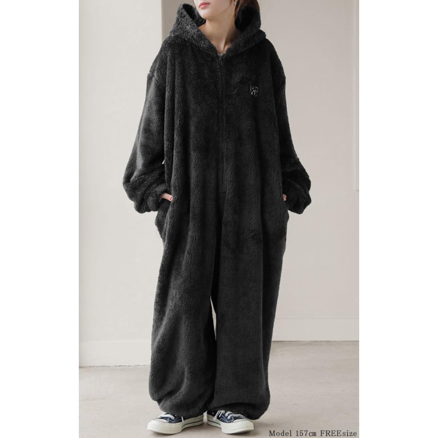 ルームウェア パジャマ 着る毛布 レディース オールインワン ロング ロゴ つなぎ 刺繍 洗濯機可 無地 長袖 リブ 部屋着 防寒 モコモコ ナイトウェア | HUG.U | 11