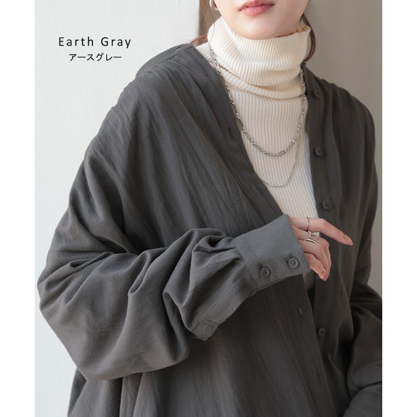シャツ 微起毛 トップス ロング 綿100％ レディース ロングシャツ チュニック ブラウス ノーカラー バンドカラー オーバーサイズ ゆったり 二の腕カバー | HUG.U | 15